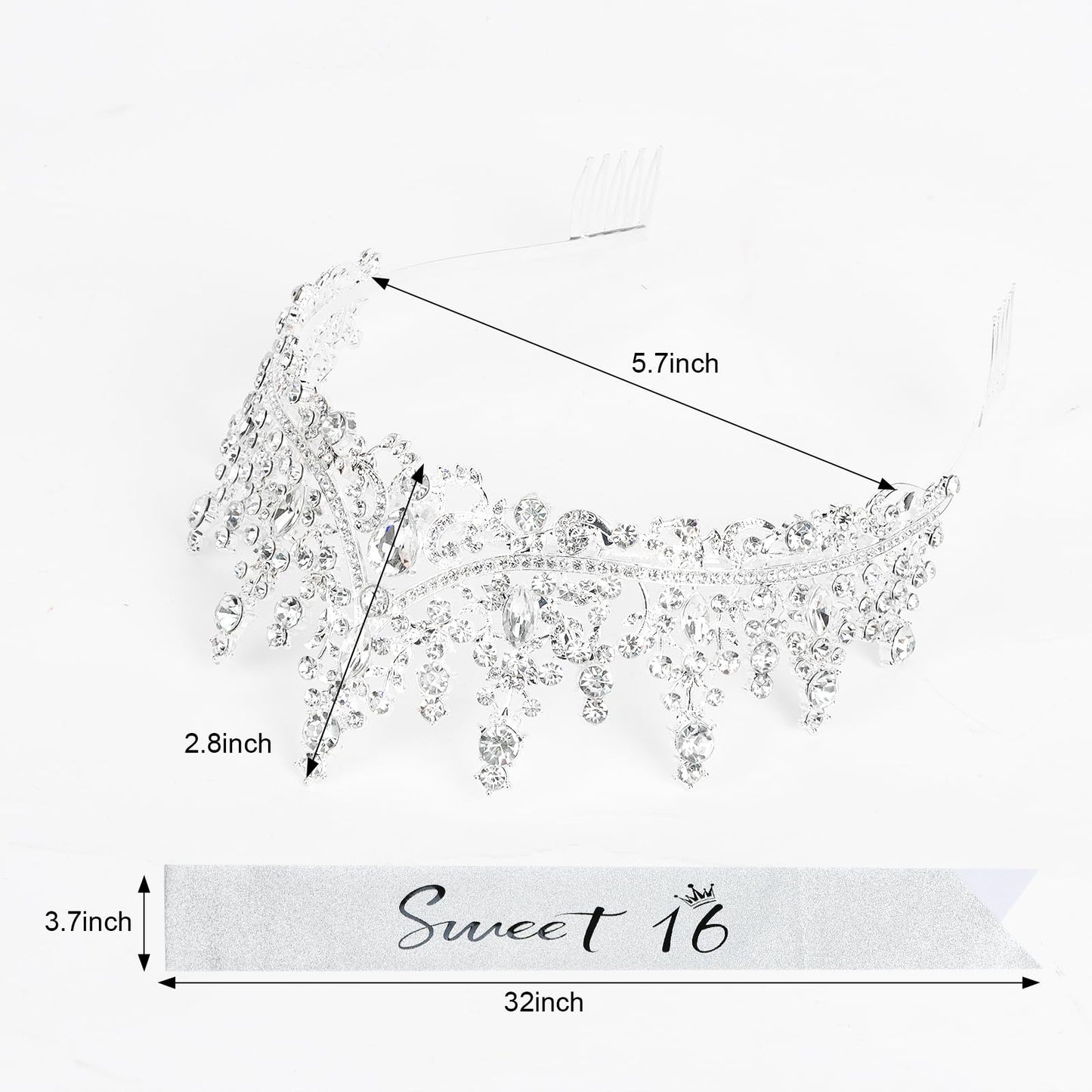 CIEHER Sweet 16 Sash + 16th Birthday Crown + Pearl Pins Set, Sweet 16 Party Decorations, Sweet 16 Tiara, Sweet 16 Gifts for Girls Sweet 16 Birthday Decorations