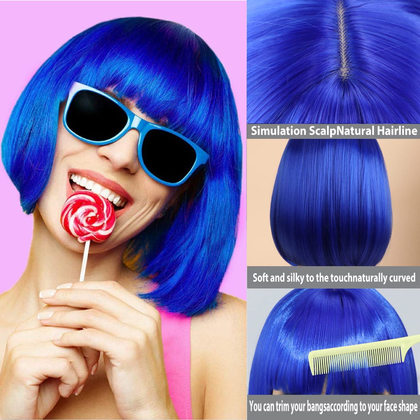 CLSHES Blue Bob Wig with Bangs Short Bob Wigs for Women Straight Bob Wig 12 Inch Synthetic Colorful Wigs Cosplay Party Daily Wig