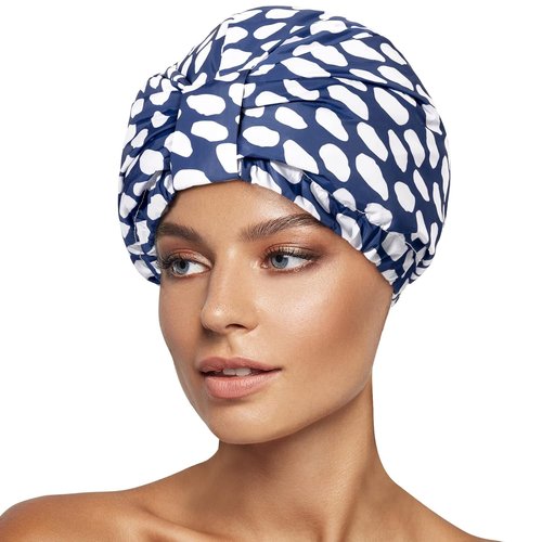 INNELO Luxury Shower Cap - Reusable Waterproof Double-Layered Design | Adjustable Satin Cap for Long Hair - Blue