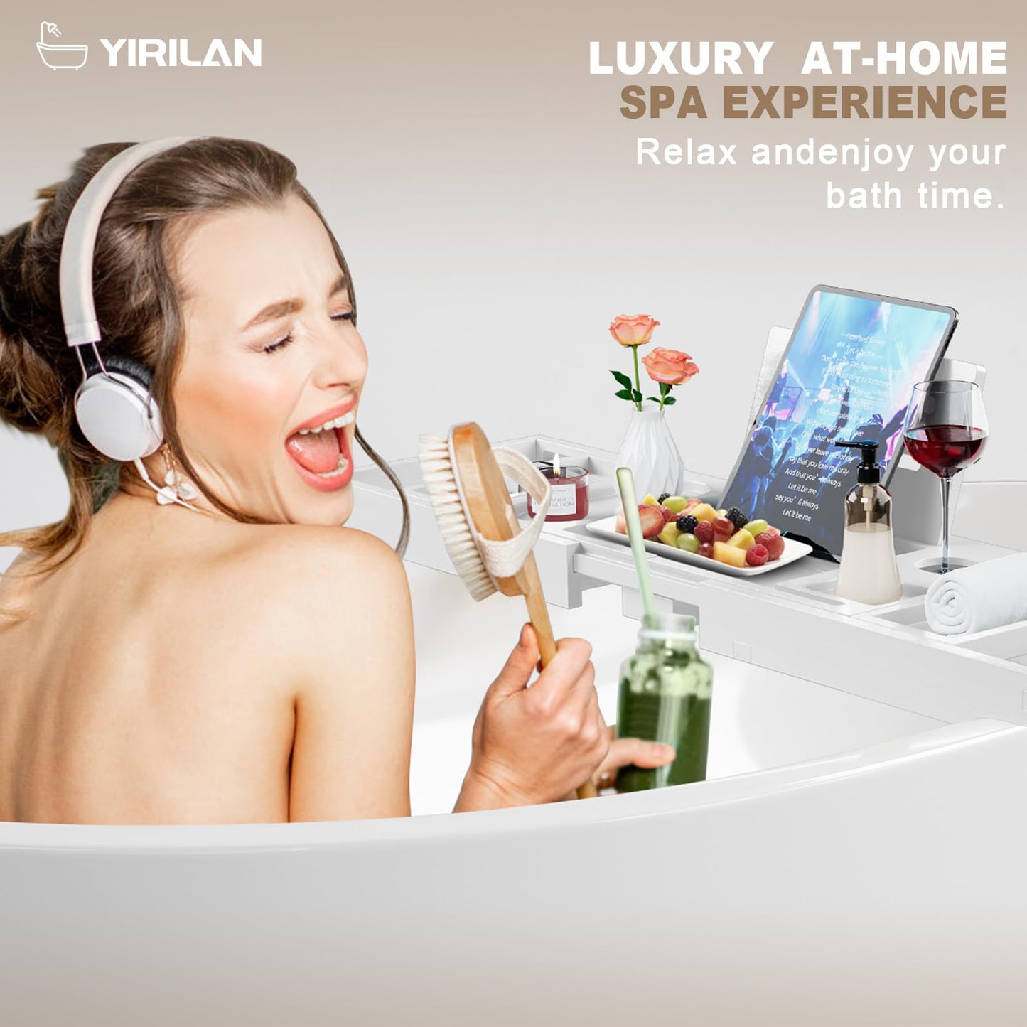 Yirilan Foldable Bamboo Bathtub Tray Caddy, Bathtub Tray, Can Place Wine Glasses, Books, Mobile Phones Multifunctional Bath Tub Tray, Suitable for Gifts in Various Festivals, White