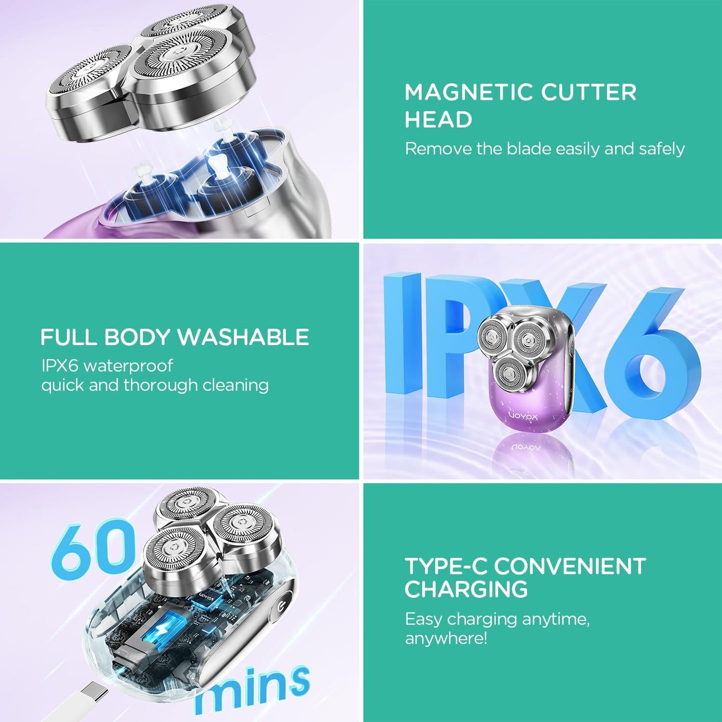 VOYOR Electric Razors for Women 3D Floating Blade Shaver for Women, Electric Shaver for Legs Bikini and Body Facial Hair Remover Women's Electric Shavers Waterproof Women's Grooming ES310 (Purple)