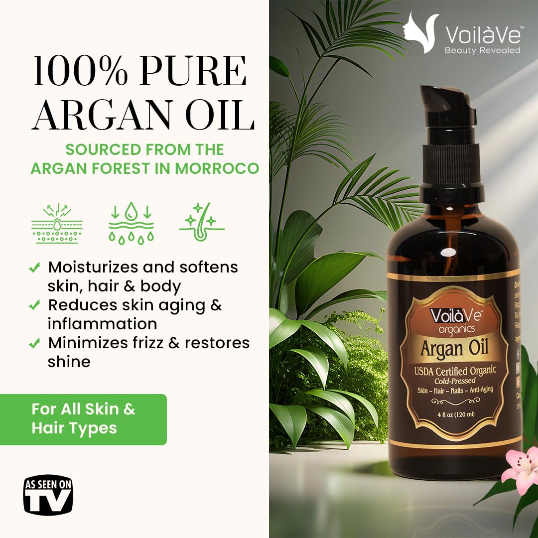 VoilaVe Organic Moroccan Argan Oil - Anti-Aging Face Moisturizer & Hair Growth | 4 fl oz, Cold Pressed, Rich in Vitamin E