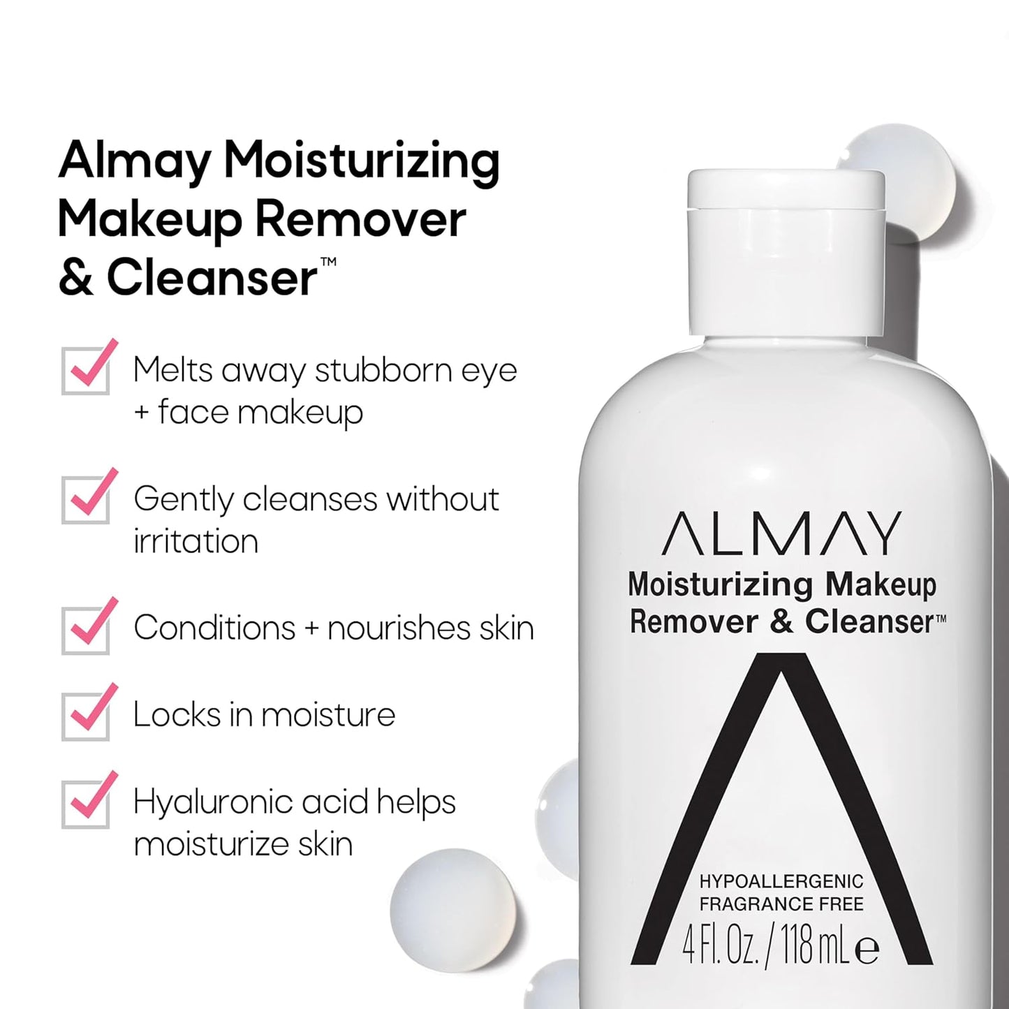 Almay Moisturizing Makeup Remover - Dermatologist Tested, Fragrance-Free, 4 Fl Oz