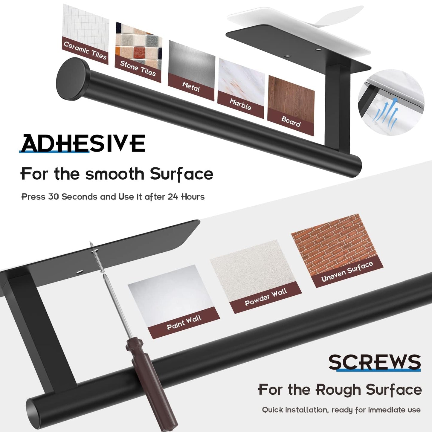 ASTOFLI Paper Towel Holder Under Cabinet No Drilling, Self Adhesive Paper Towel Holder Wall Mount for Kitchen Rack, Under Counter Napin Holder No Drill, 304 Stainless Steel Matte Black