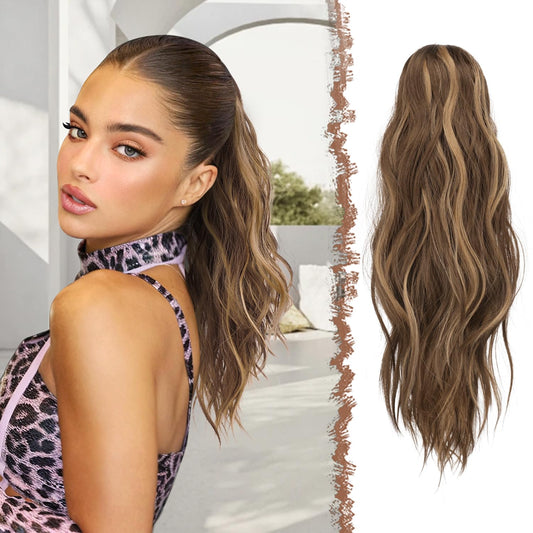 FESHFEN Ponytail Extensions, Long Claw Clip in Ponytail Hairpiece Synthetic Pony Tails Hair Piece Natural Wavy Hairpieces for Women, 20 inch Honey Blonde Mixed Light Brown