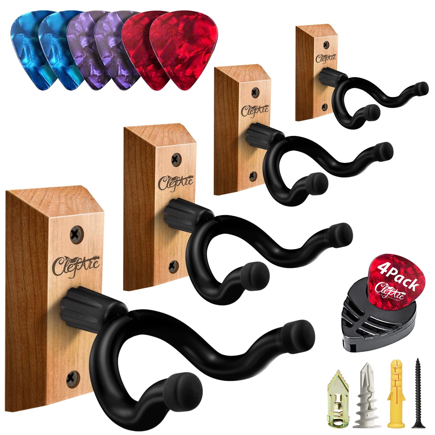 Guitar Wall Mount - Ashwood Hardwood Guitar Wall Hangers, Guitar Picks, Pick Holder, Guitar Accessories, U-Shape Hardwood Guitar Hanger, Gifts for Guitarists, with 6 Assorted Guitar Picks