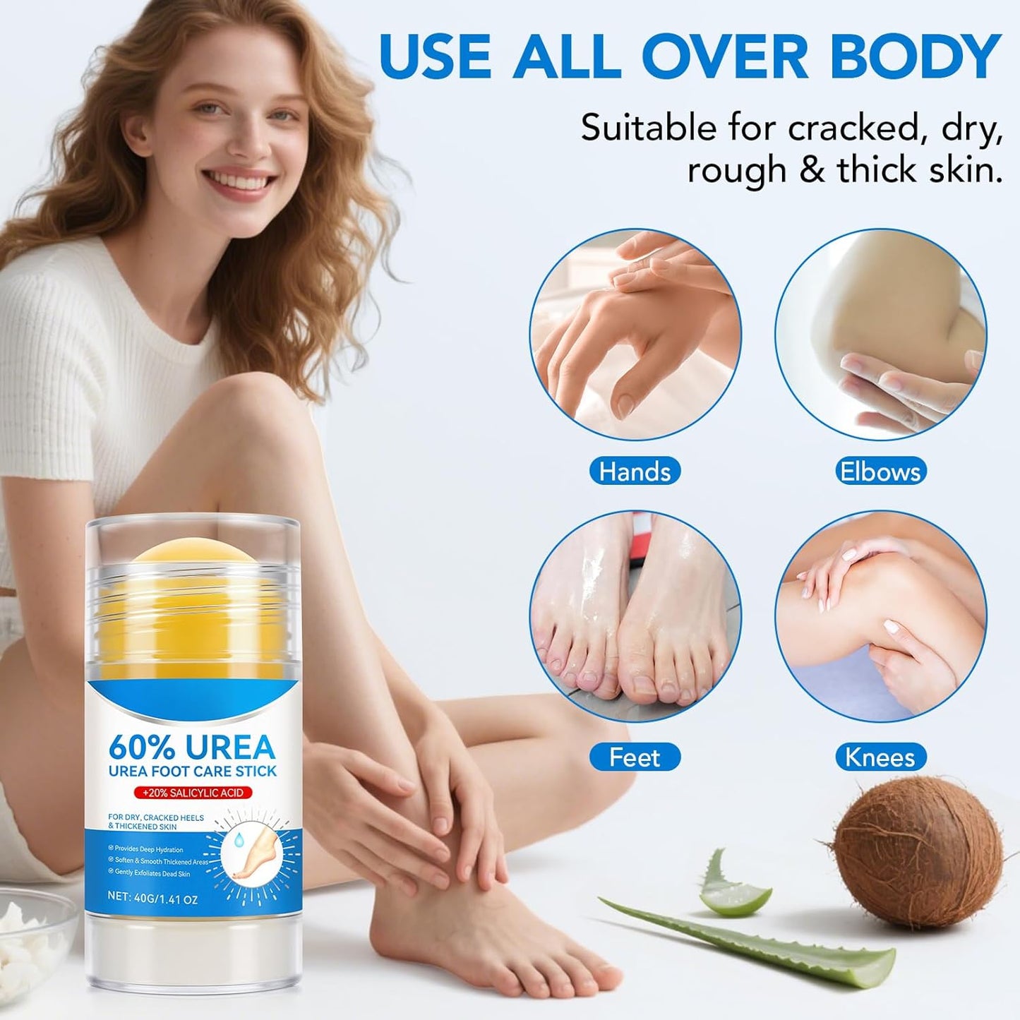 Skiennix Urea Foot Cream Stick - 60% Urea & 2% Salicylic Acid for Dry Cracked Skin | 1.41 oz Hydrating Moisturizer