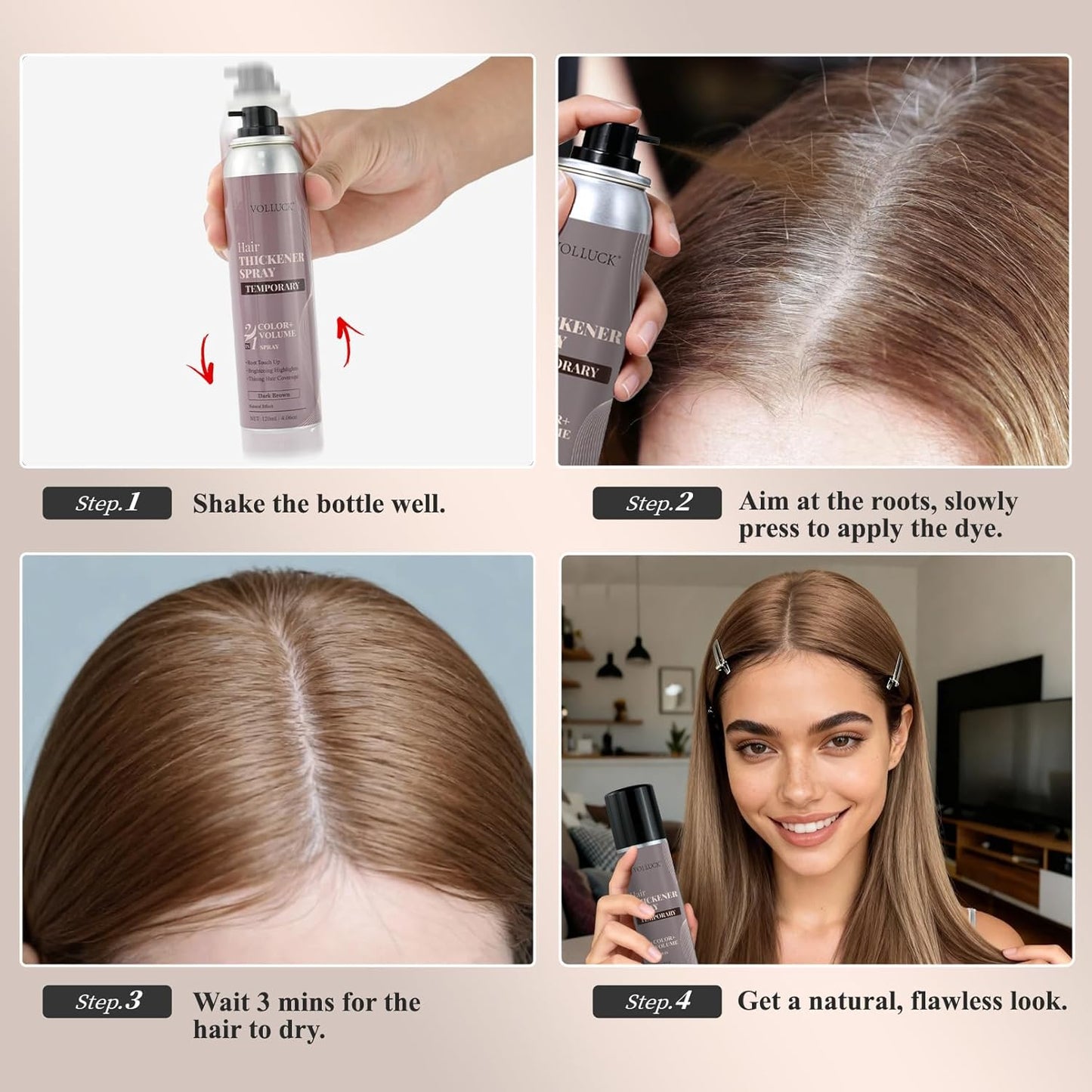 VOLLUCK Root Touch Up Hair Color Spray - Ammonia-Free, Quick Drying Grey Coverage for Men & Women | Black