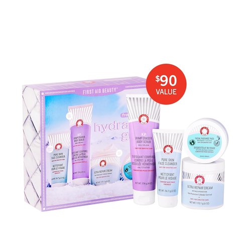 First Aid Beauty - Hydrated Glow Kit | Exfoliating Body Scrub, Facial Radiance Pads & Ultra Repair Cream - 4ct