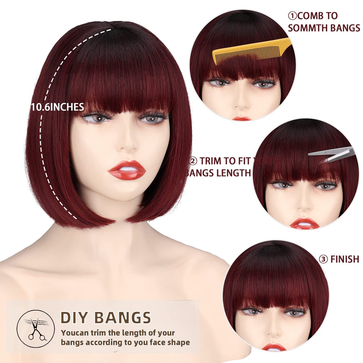 WERD Short Wine Red Bob Wig with Bangs, Straight Burgundy Wig Bob for Women, Short Straight Wig Natural Looking for Daily and Party