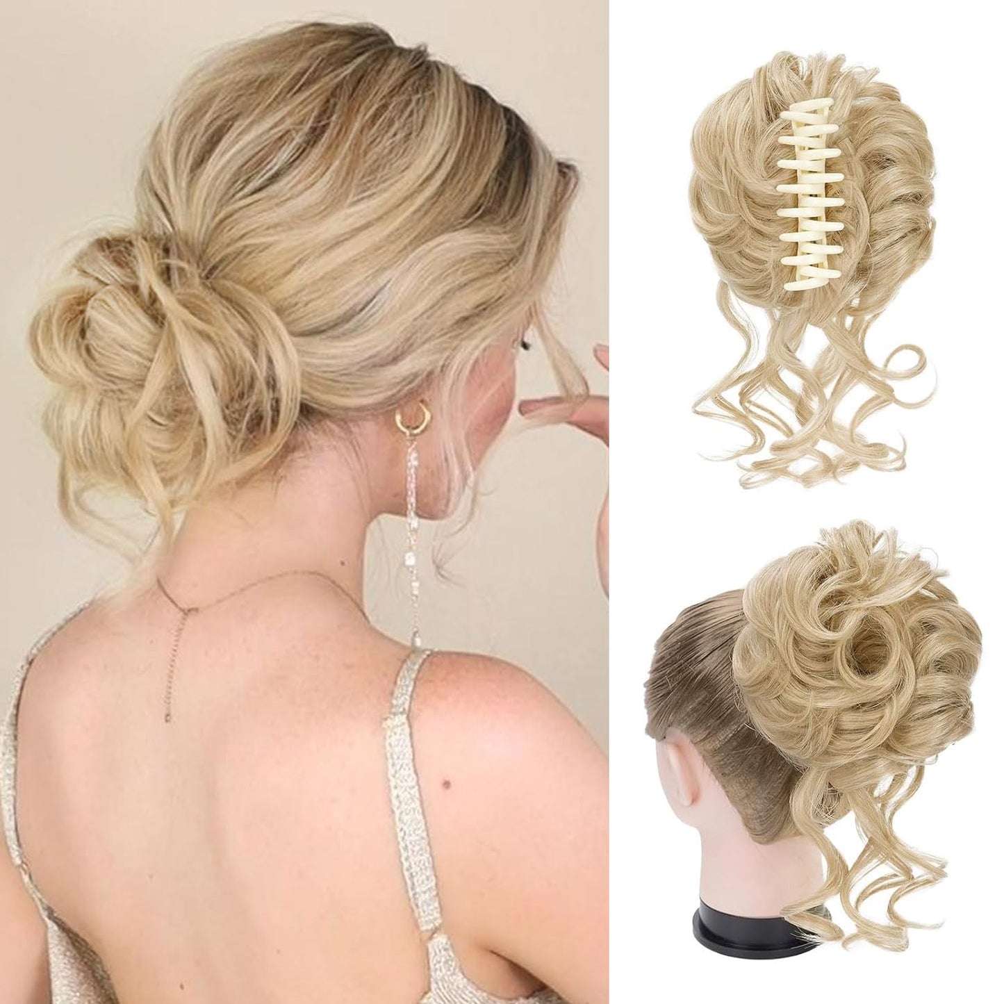 WZNBBOY Messy Bun Hair Piece Claw Clip Synthetic Chignon Tousled Updo with Tendrils Hair Extensions Hair Bun Curly Wavy Faux Hair Bun Hair Scrunchies Hair Accessories for Women（Light Blonde）