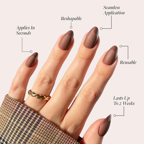 Glamnetic Press On Nails - Terra | Short Almond Dark Brown Fake Nails with Glossy French Tips in a Matte Finish, Salon Quality, 15 Sizes - 30 Nail Kit with Glue