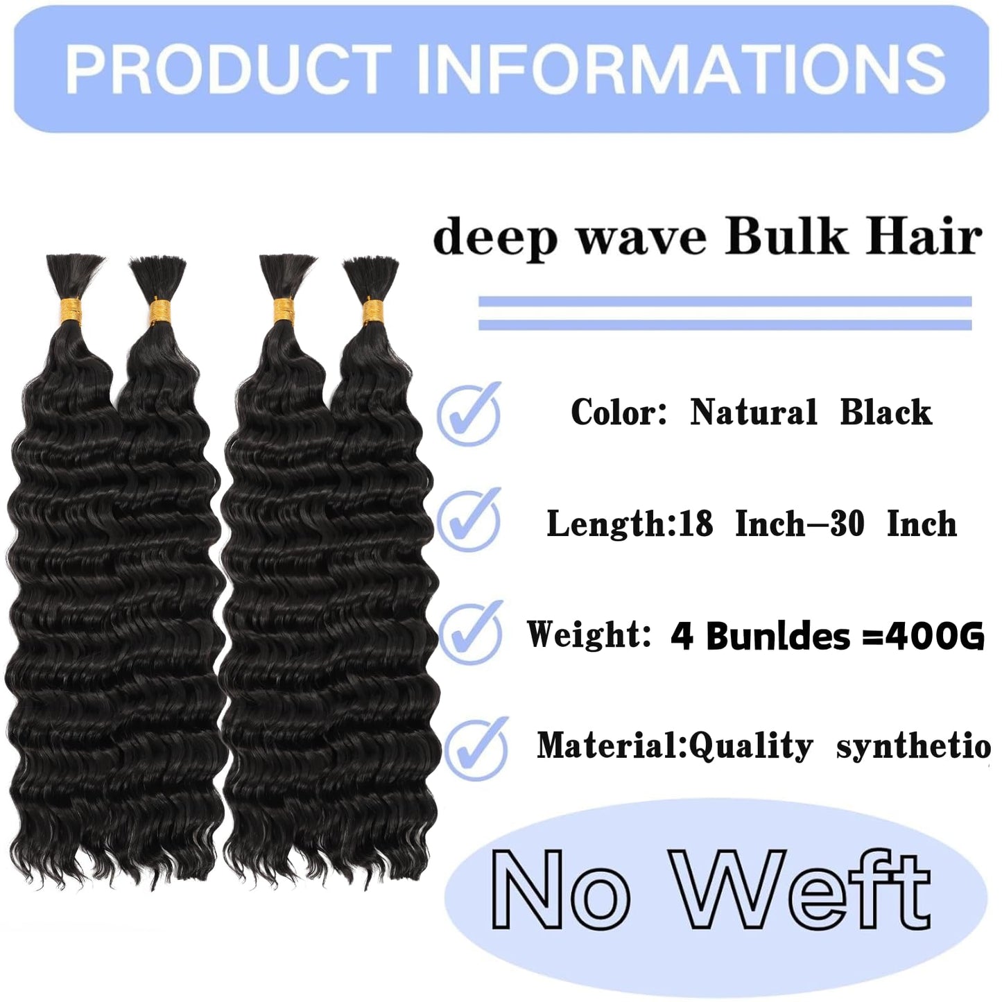 Deep Bulk Hair For Braiding HairWet And Wavy Deep Wave Bulk Hair 26inch 400g,Quality Synthetic Micro Braiding Hair Extensions for Boho Braids No Weft (26inch 4Pack Natural Color)