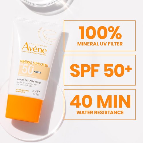 Avène Mineral Sunscreen Multi-Defense Fluid Tinted SPF 50+, Clean Formula Sunscreen for Sensitive Skin, Reef Friendly, Tint, Non-Whitening, Antioxidant Protection, 1.3 Fl Oz