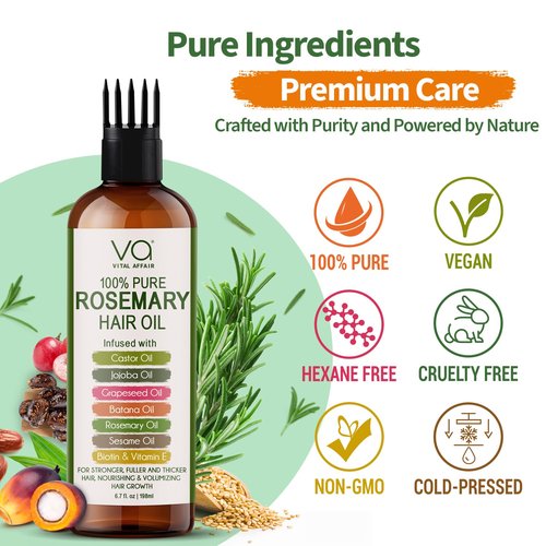100% Pure Rosemary Oil For Hair Growth With Castor Oil-Batana Oil-Jojoba Oil-Infused With Biotin & Vitamin E-Blend of Effective Hair Oils for Hair Growth-Strengthening Treatment-Vital Affair-6.7 Fl Oz