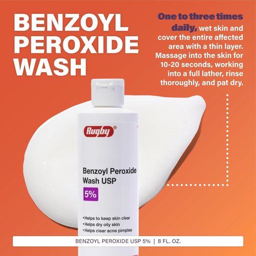 Rugby Benzoyl Peroxide Wash USP 5% - Acne Treatment for Clear Skin - 8 Fl. Oz.