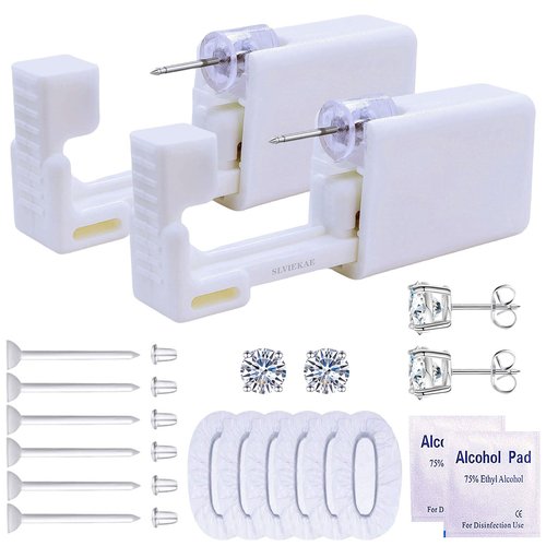 112 Pcs Ear Piercing Kit | Disposable Ear Piercing Gun Kit | Self Ear Piercer Kit with 100 Pcs Clear Invisible Earring (Silver- White)