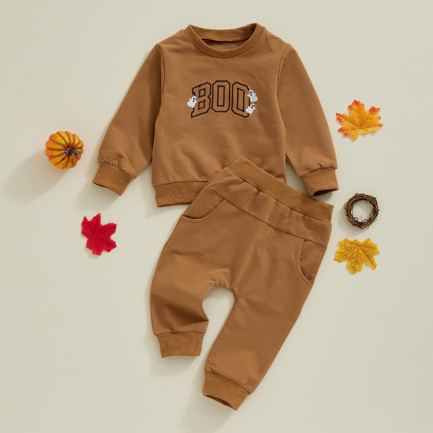 FYBITBO Toddler Baby Halloween Outfits Boy Spooky Season Crewneck Sweatshirt Top Shirts Pants Fall Halloween Clothes Set (Boo Ghost-Brown, 0-6 months)