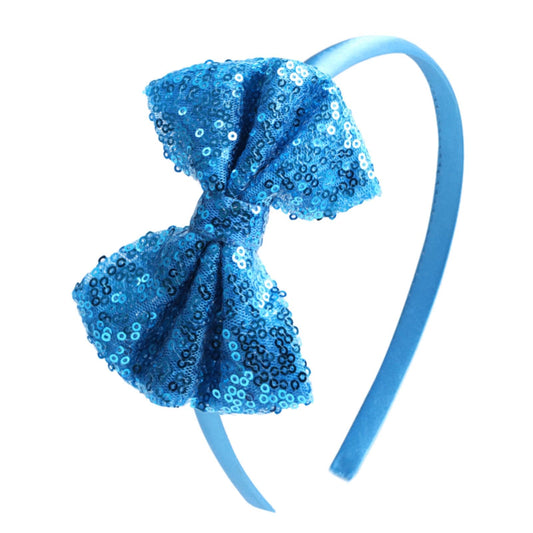 Kiszu Sparkly Sequin Hair Bow Headbands Fashion Glitter Cute Boutique Ribbon Bows for Girls, Kids, and Women (Blue)