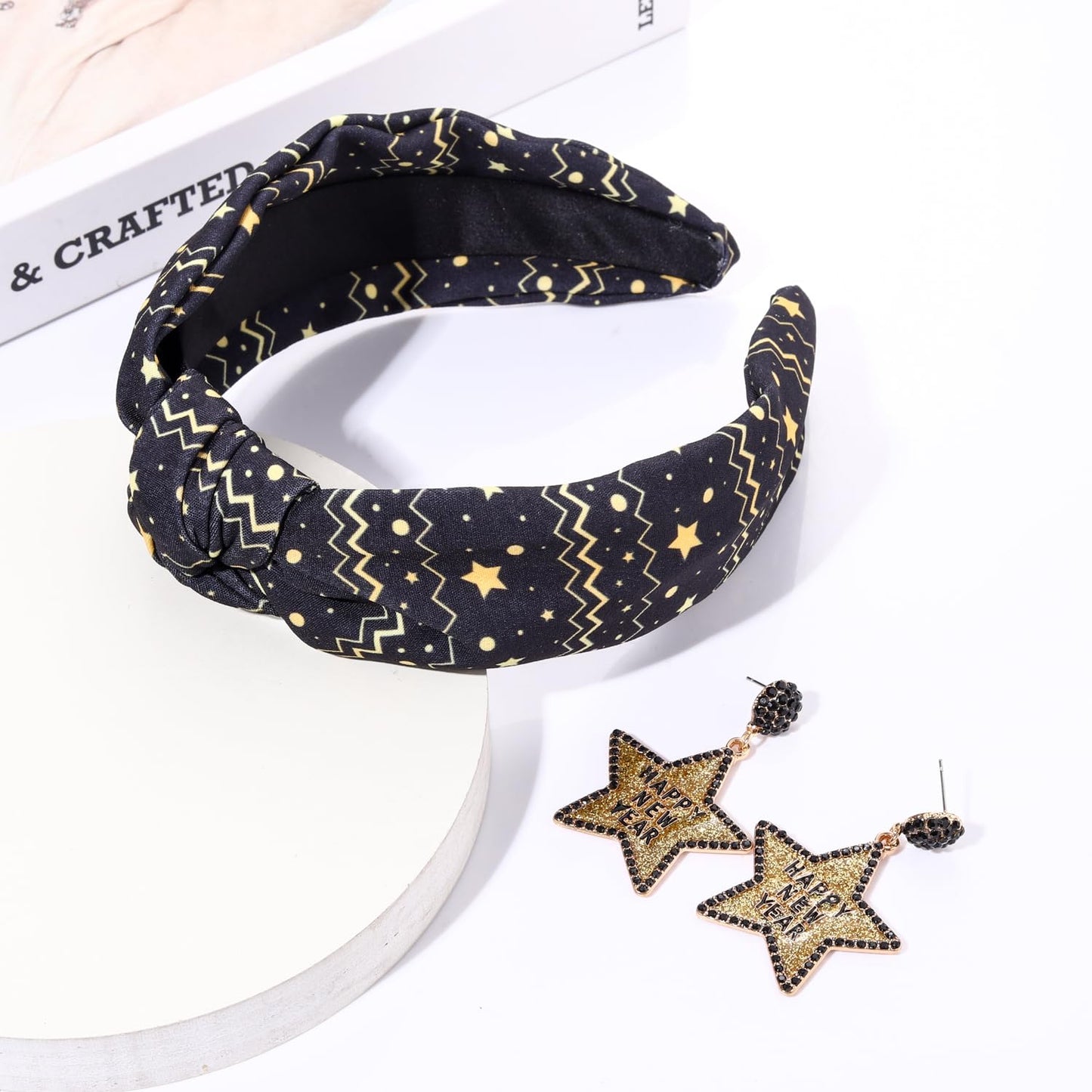 YAHPERN New Year’s Eve Headbands for Women Happy New Year Headband Printed Clock Top Hat Star Headband Holiday Knotted Headband New Year’s Eve Hair Accessories Party Favors Gifts (New Year Star)