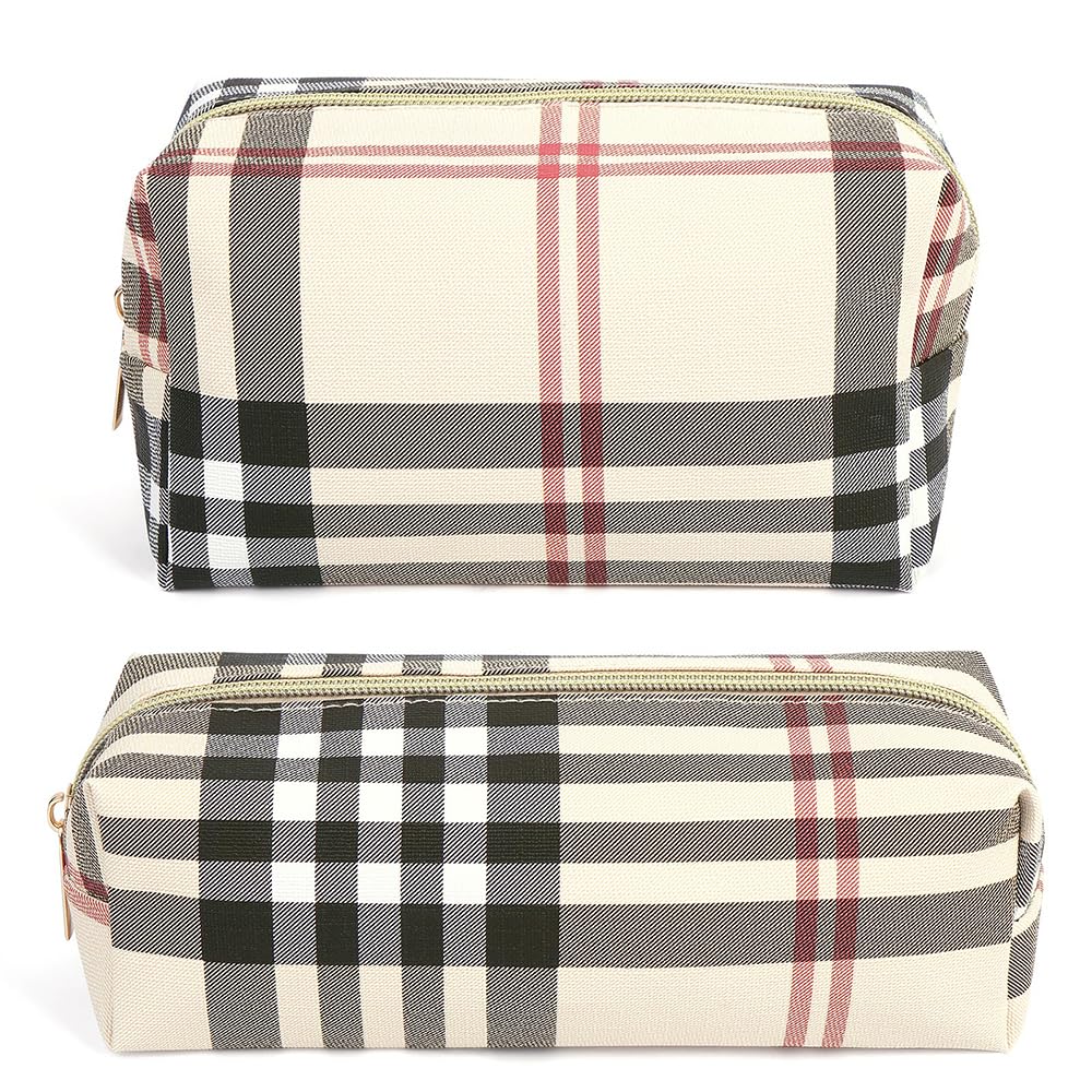 MAANGE Small Makeup Bag for Purse, 2 PCS Cosmetic Bag for Women Travel Makeup Pouch Leather Make up Bag Portable Zipper Pouch Brushes Bag - khaki plaid