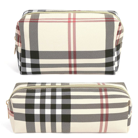 MAANGE Small Makeup Bag for Purse, 2 PCS Cosmetic Bag for Women Travel Makeup Pouch Leather Make up Bag Portable Zipper Pouch Brushes Bag - khaki plaid