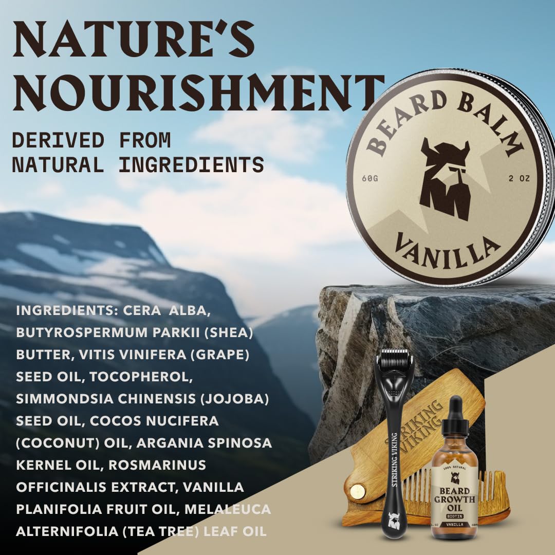 Striking Viking Beard Balm for Men – Light Hold, Vanilla, 2 Oz - Leave-in Beard Conditioner with Shea Butter, Tea Tree, Argan & Jojoba Oils - Smooth, Shape, Moisturize & Soften Coarse, Dry Facial Hair