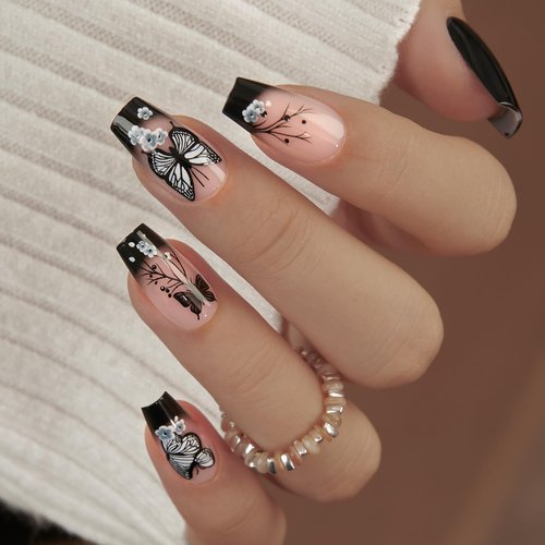 Curvlife 30pcs Press on Nails, Acrylic Fake Nail with Apricot Design, Full Cover False Nails Tips Glossy Nude Glue on Nails Artificial Stick on Nails for Women (black butterfly nails, Medium)