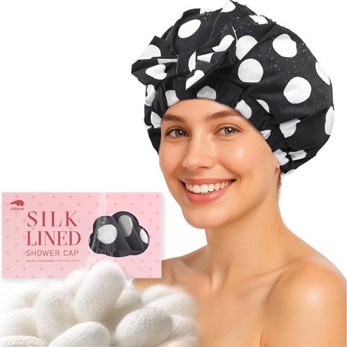 LitBear Luxury Silk Lined Shower Cap - Waterproof, Adjustable, Double Layered for Long & Short Hair - Black Dots