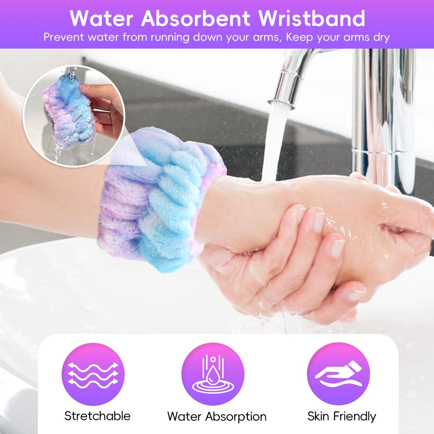 my novel things Facial Cleansing Brush, Headband for Washing Face with Silicone Double Side Manual Face Scrubber Brush, Skincare Headband and Wristband Set, 2 Hair Scrunchie, for Makeup Rainbow