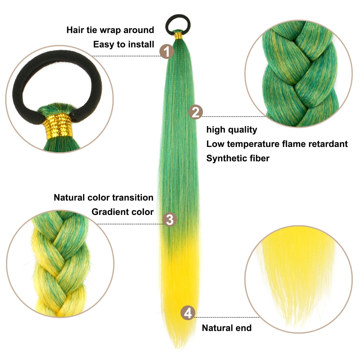 Braided Ponytail Extension With Hair Tie, Straight Wrap with Braid Ponytail Extension Green Yellow Gradient Synthetic Hair Pieces 26 Inch (Green/Yellow#)