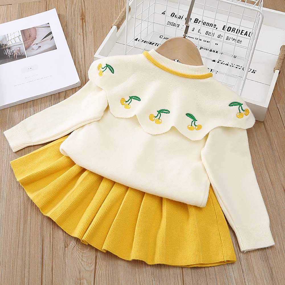 Toddler Baby Girls Autumn Winter Clothes Knitted Button up Long Sleeve Ruffle Bowknot Sweater Tops+Pleated Mini Tutu Skirt 2pcs Outfit Princess Dress up Costume for Kids Yellow-Cherry 4-5 Years