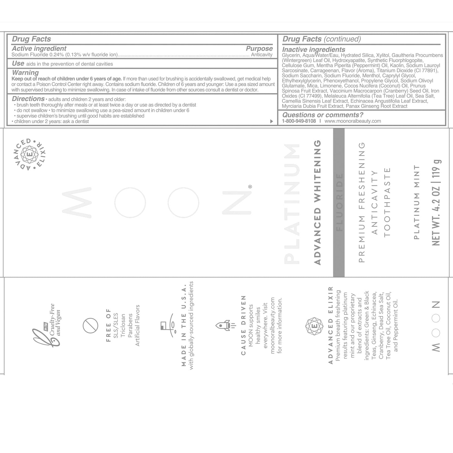 MOON Platinum Advanced Whitening Stain Removal Toothpaste, Fluoride, Cavity Protection, Fresh Mint Flavor for Fresh Breath, for Adults (Single)