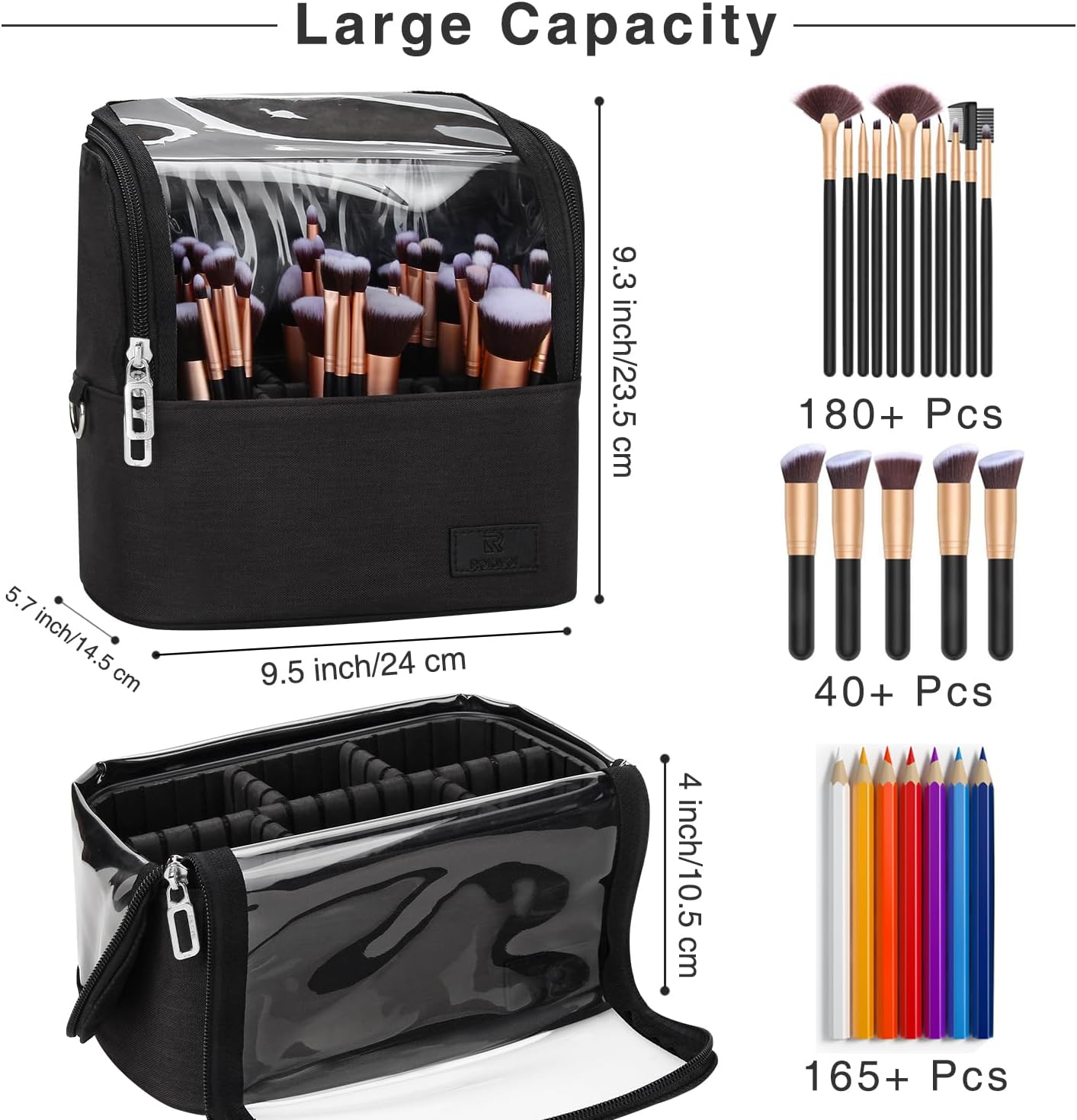 Skiennix Makeup Brush Organizer - Professional Travel Case with Adjustable Divider | Large Black