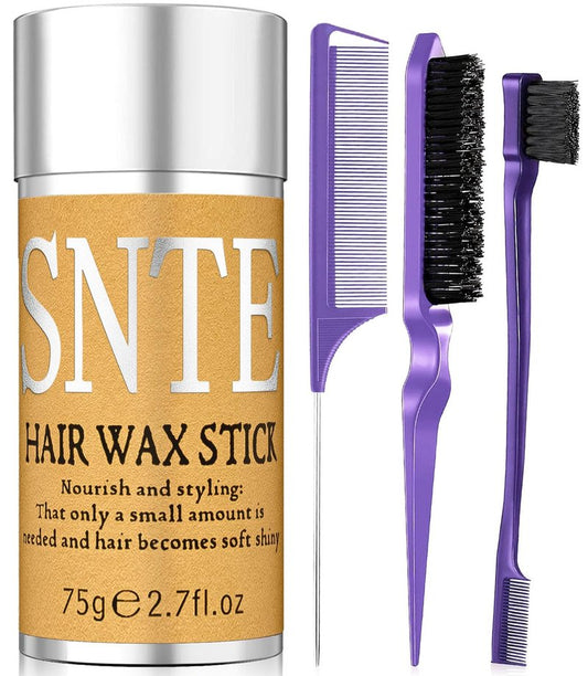 Slick Back Hair Brush (Purple), Hair Wax Stick Set, Taming Flyaways for Sleek Ponytail & Bun Styling, Hair Accessories for Teen Girls, Kids, and Women