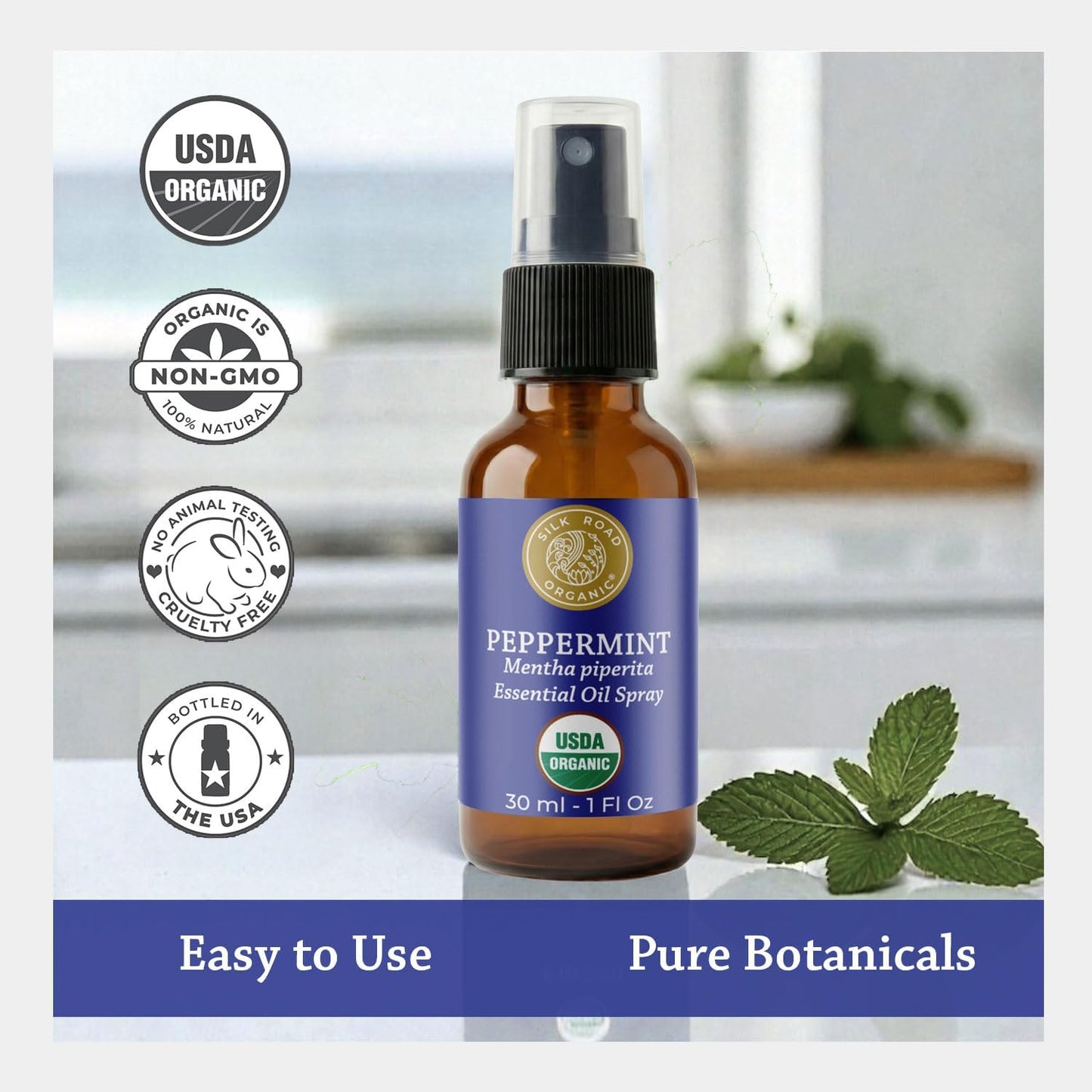 Silk Road Organic Peppermint Essential Oil Spray - Relieve Head Tension & Nausea | 1 oz USDA Certified Aromatherapy