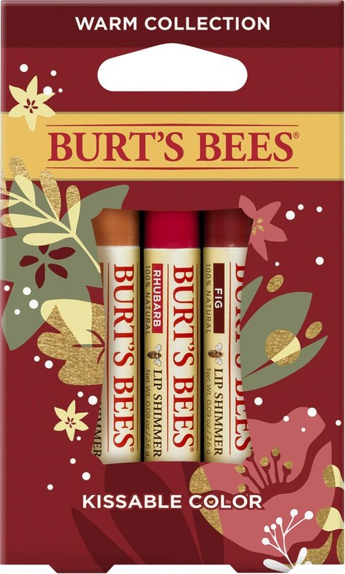 Burt's Bees Kissable Color Holiday Gift Set - 3 Festive Lip Shimmers in Peony, Fig & Rhubarb