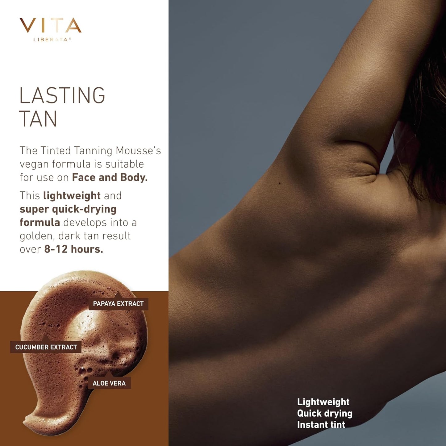 VITA LIBERATA Tinted Self Tanner Mousse - Dark 6.76 fl oz | Lightweight, Fast-Drying Formula with Organic Aloe Vera & Hyaluronic Acid