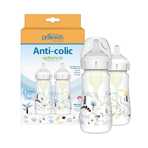 Dr. Brown's Baby Bottle - Anti-Colic Wide-Neck Designer Edition Dino Decos, 9oz, BPA-Free, 2-Pack