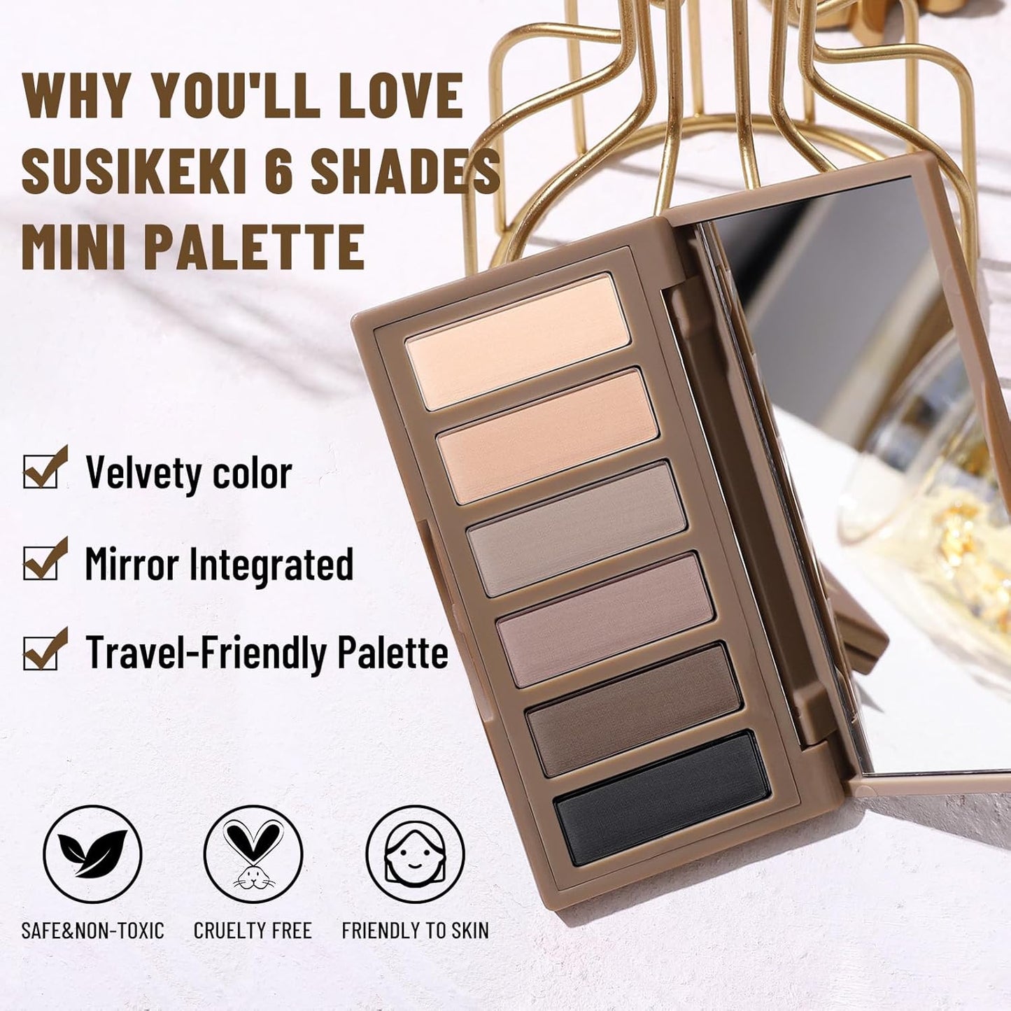 SUSIKEKI Mini Eyeshadow Palette - 6 Colors for Neutral & Smoky Looks | Highly Pigmented, Travel Size