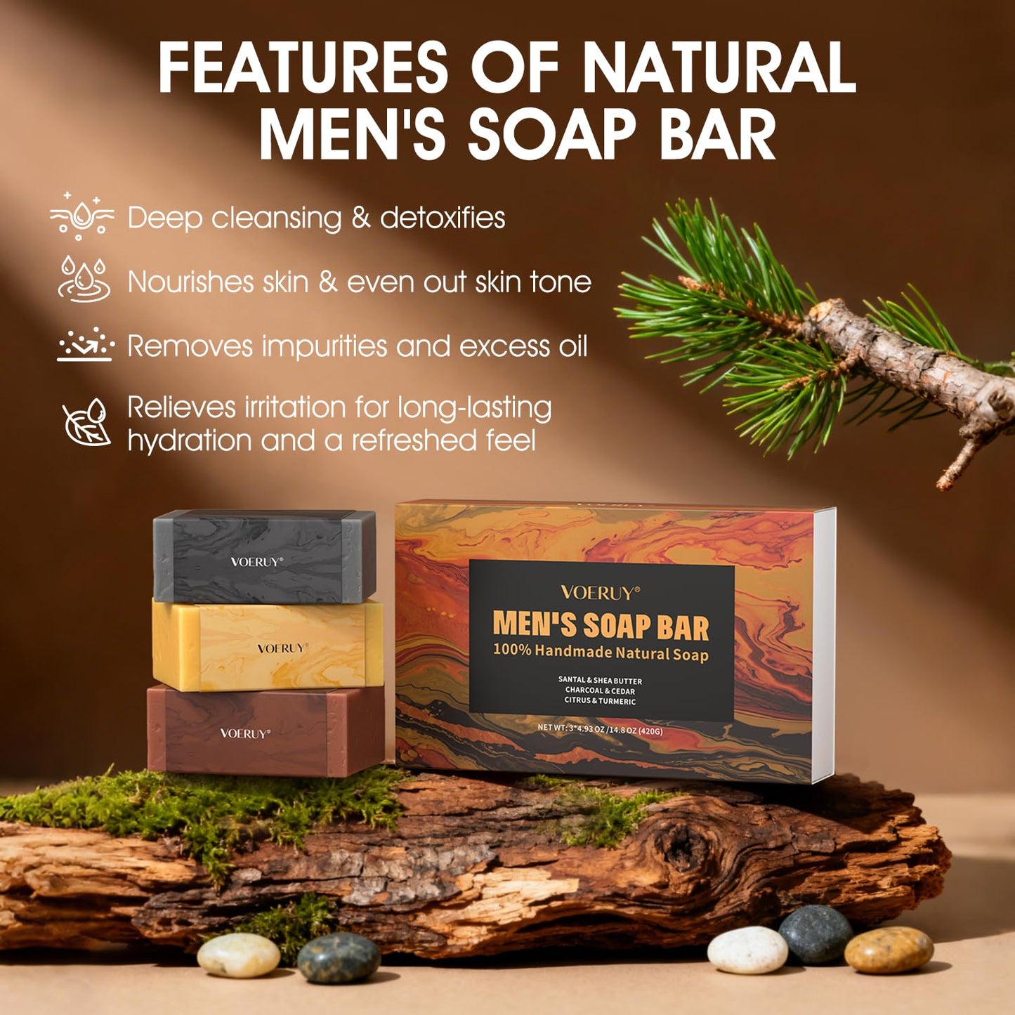 Skiennix Men's Bar Soap - Natural Handmade Deep Cleansing Soap for Face, Body & Shave | 14.8 Oz