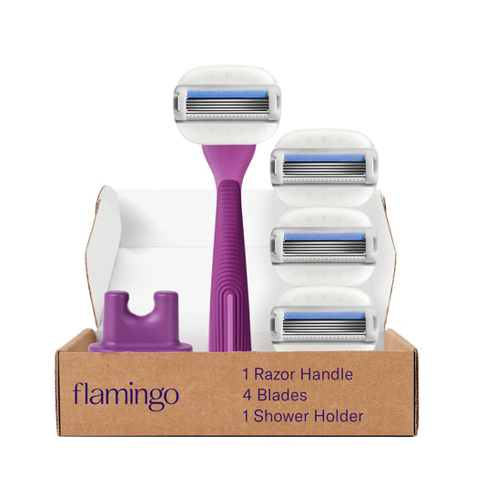 Flamingo Moisture Plus Women's Razor Set - Razor Handle, 4 Razor Blade Refills, Shower Holder - Fig