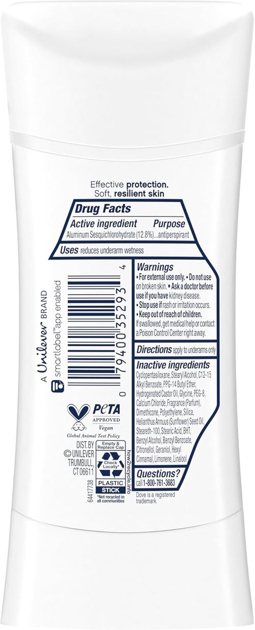 Dove Advanced Care Antiperspirant Deodorant Stick Beauty Finish for Helping Repair Skin Barrier After Shaving, with 72-Hour Sweat & Odor Protection, 2.6 oz