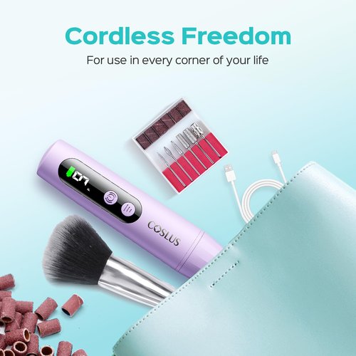 COSLUS C52 Electric Cordless Nail Drill: Professional Nail File kit with LED Screen for Acrylic Gel Powder. Portable for Home DIY & Salon Use. Manicure Pedicure for Beginners, Women, Travel, Purple