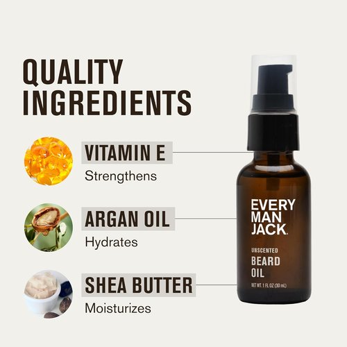 Every Man Jack Unscented Beard Oil - Fragrance-Free Moisturizer for Sensitive Skin - 1 fl oz