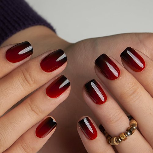 Curvlife Soft Gel Short Press On Nails Kit - 30pcs Red Ombre Oval Full Cover False Christmas Nail Tips Designs, Fake Nail with Nail Glue - Easy Application Nail Accessories for Women