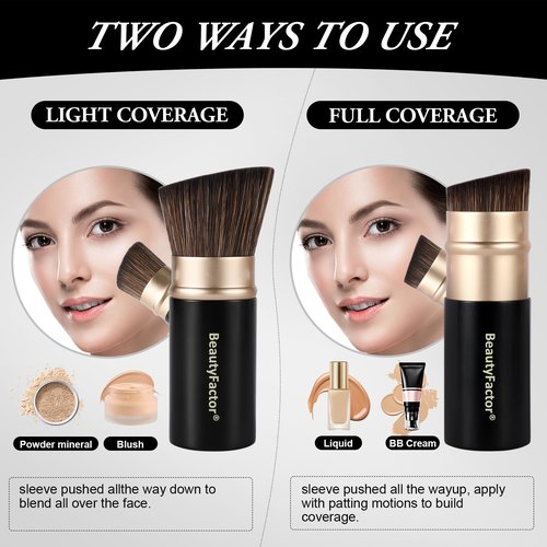 Retractable Kabuki Makeup Brush, Angled Top Travel Makeup Brush Portable Powder Brushe for Liquid Cream and Powder Face With Aluminum Handle