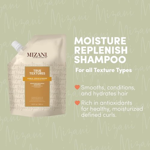 Mizani True Textures Moisture Replenish Shampoo - Smooths & Hydrates Curly Hair | 33.8 Fl Oz + 16.9 Fl Oz Refill