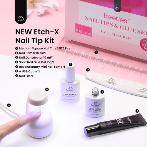 Beetles Gel Nail Kit Medium Square Gift Spree, with Dehydrator and Primer, 576Pcs Half Matte Etch-X Gel Nail Tips Solid Nail Glue Mini Lamp Acrylic Tips Easy DIY Extension Set Gift for Women