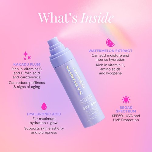 Naked Sundays SPF 50 Hydrating Glow Face Mist - Lightweight Daily Sunscreen & Makeup Setting Spray, 75ml